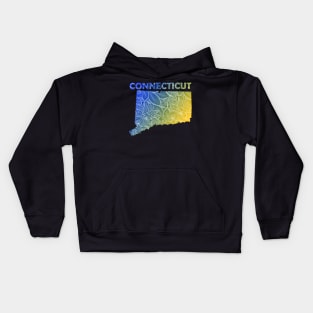 Colorful mandala art map of Connecticut with text in blue and yellow Kids Hoodie